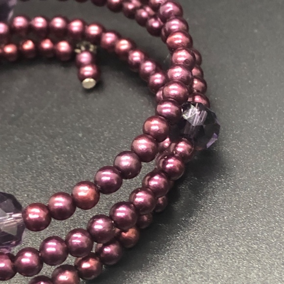 Eggplant Purple Faux Pearl 3 Coil Strand Wrap Bracelet - Picture 7 of 15